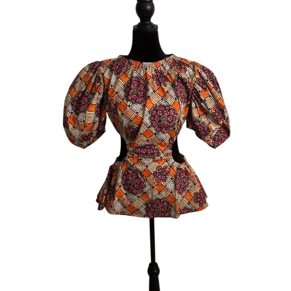 $495 Autumn Adeigbo Ilona Purple Puff Sleeve Cut Out Purple Orange Pattern 0023 - Picture 3 of 9